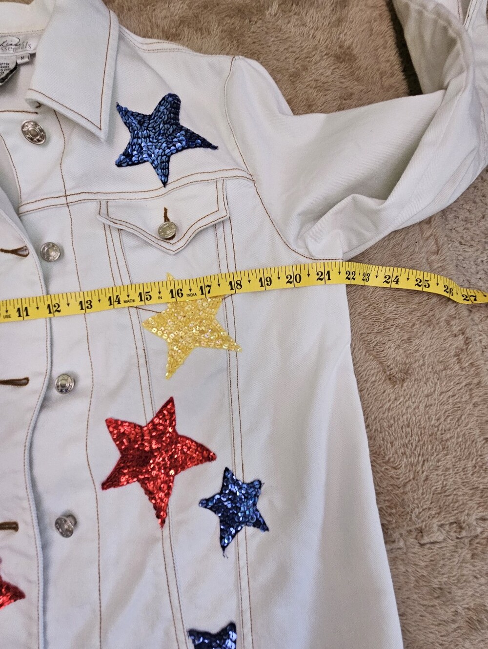 Rare Vintage Diane Essentials White Collared Jean Jacket with Sequin Stars Sz M - Picture 4 of 8